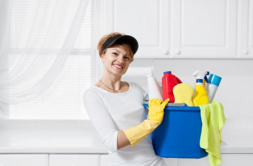 Cleaner reaching upper-floor windows in Swiss Cottage